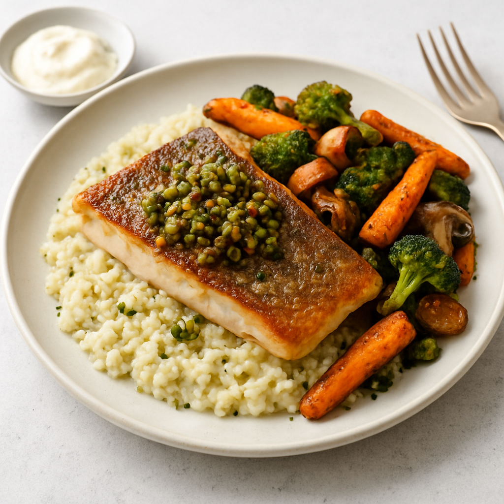 Crispy Perch Risotto with Salsa Verde Lentil Crumble and Roasted Vegetable Medley