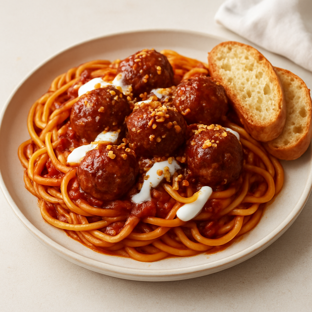 Umami Fusion Meatball Pasta with Soy-Tomato Glaze and Yogurt Drizzle