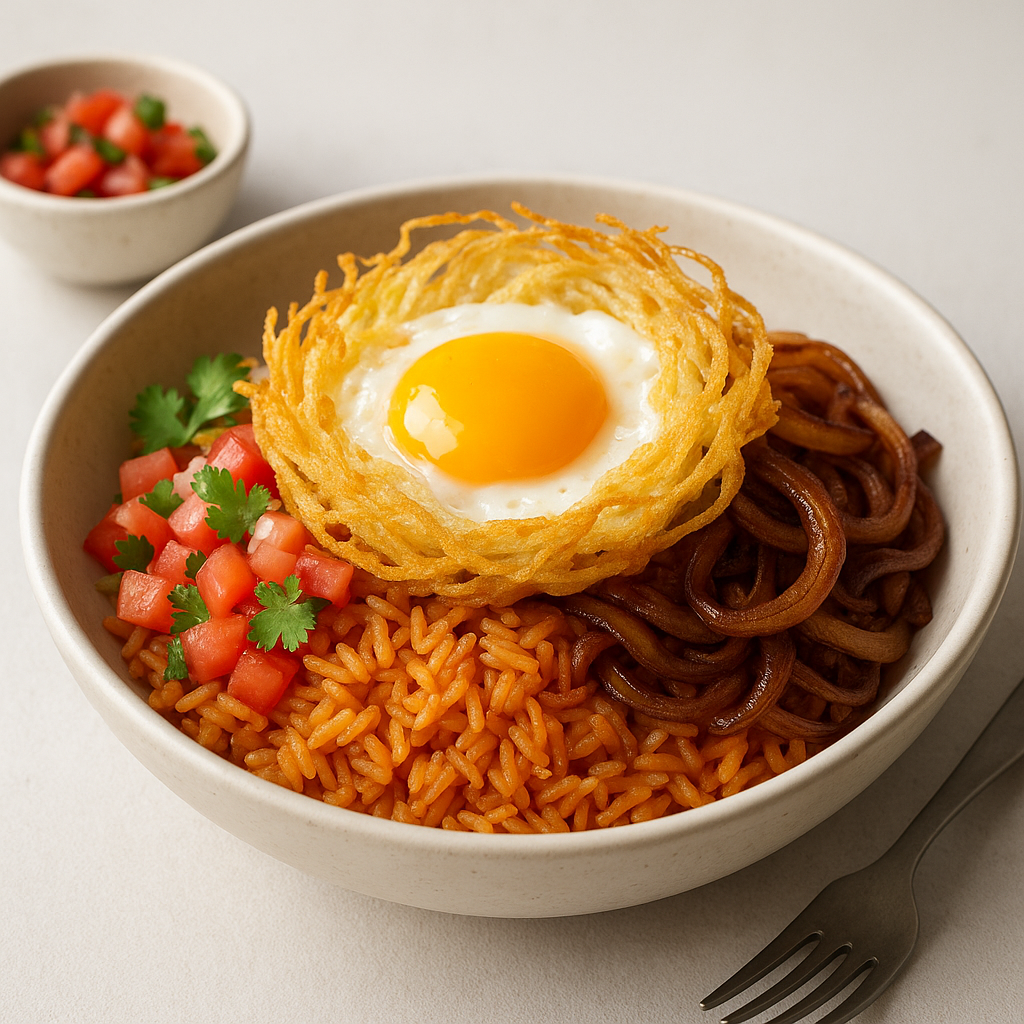 Tex-Mex Breakfast Rice Bowl with Crispy Egg Nest