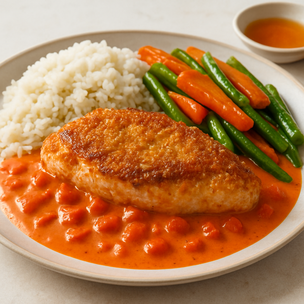 Creamy Tomato Chicken with Honey-Glazed Vegetables and Crispy Tapioca Crust