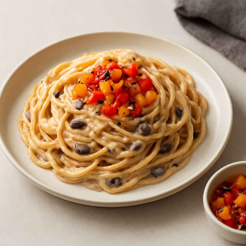 Creamed Tuna & Bean Spaghetti with Charred Pepper Mojo