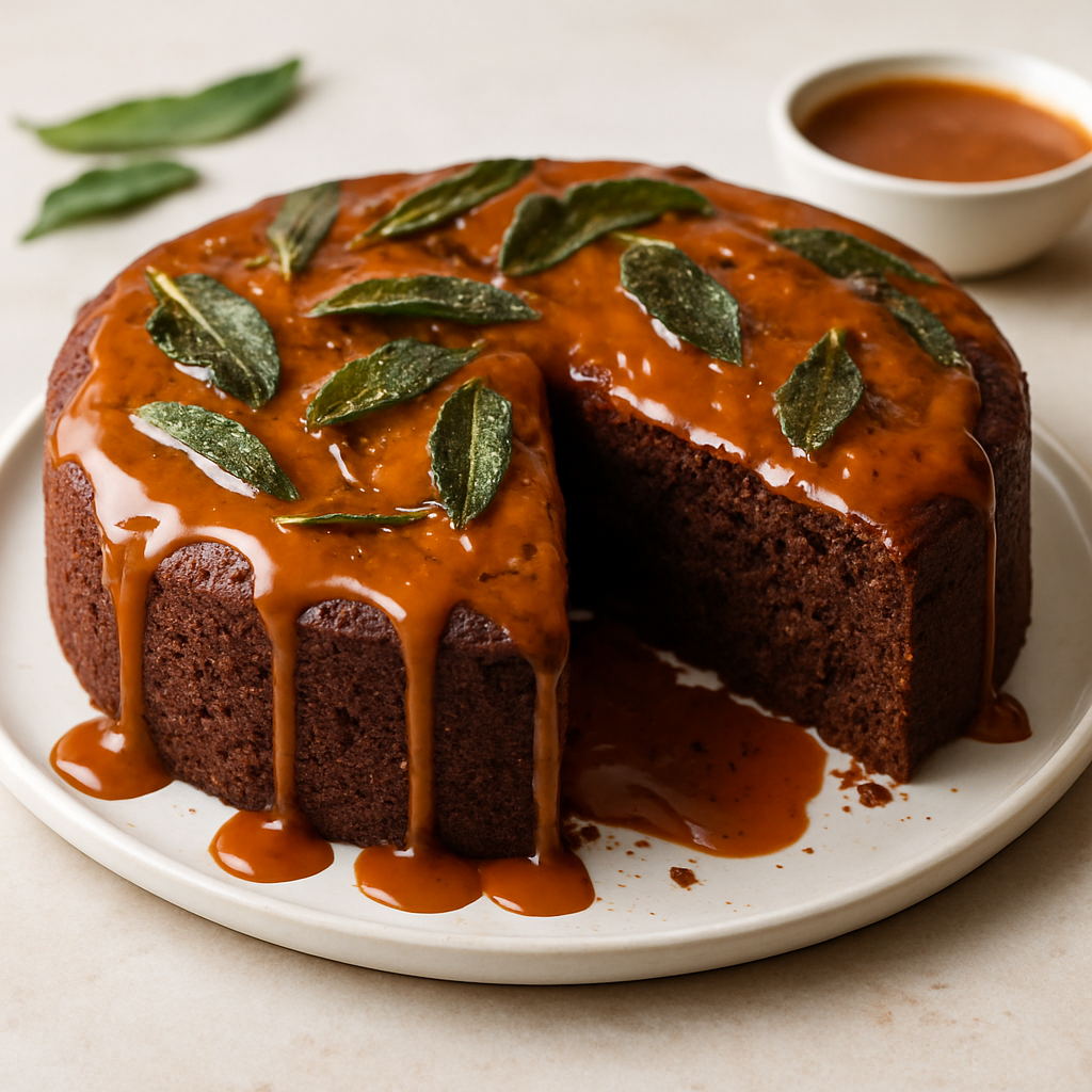 Miso-Chocolate Banana Cake with Crispy Sage & Spiced Caramel Drizzle