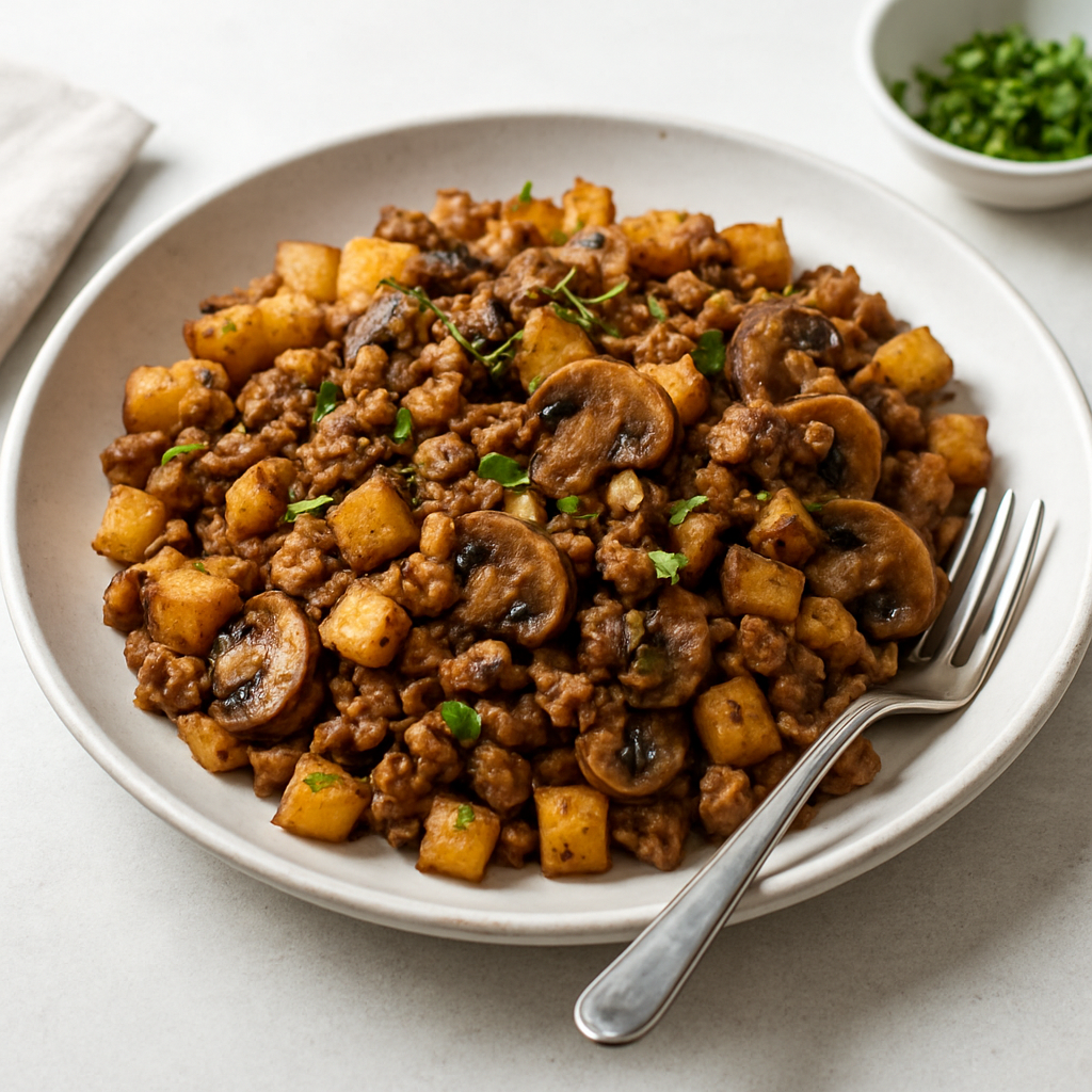 Pan-Fried Pork & Potato Hash with Garlic Mushrooms