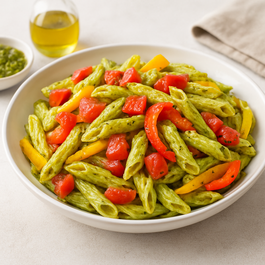 Simple Pesto Pasta with Tomato and Peppers