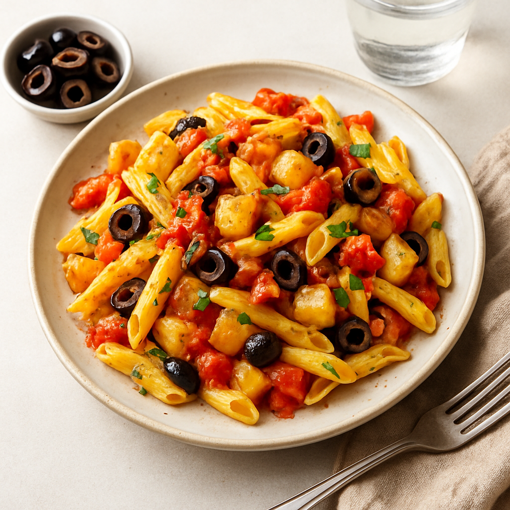 Rustic Tomato & Potato Pasta with Crispy Garlic & Olives