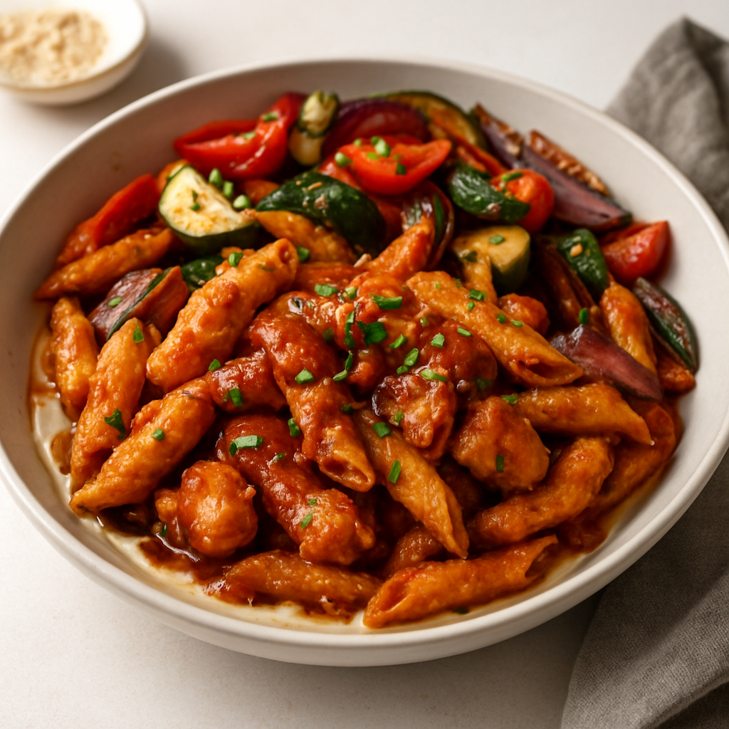 Umami Fiesta Fusion Bowl: Korean-Italian Tempura Pasta with Japanese Miso-Mexican Mole Sauce