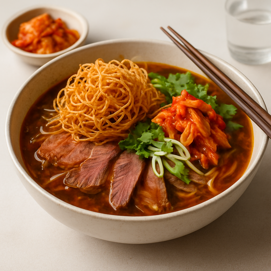 Kimchi-Infused Pho with Crispy Rice Noodle Nest