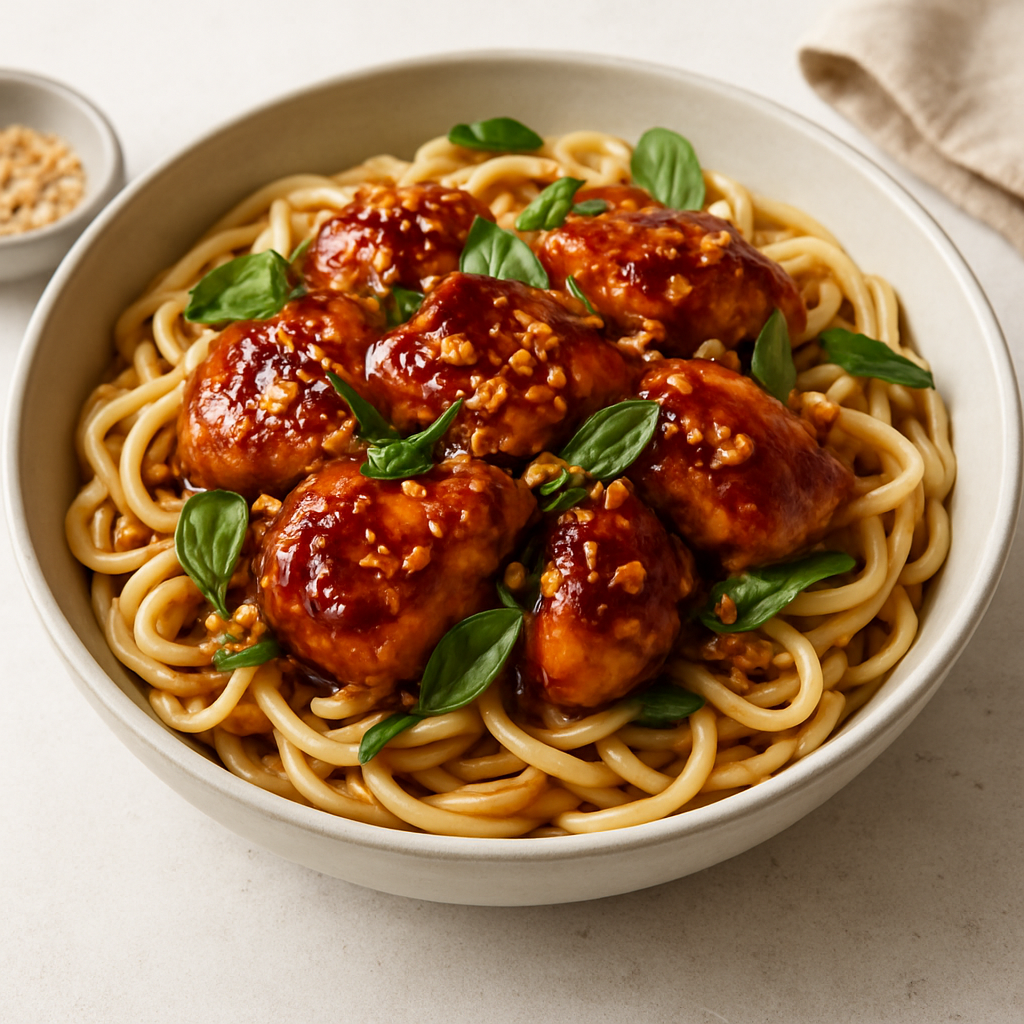 Gochujang-Soy Glazed Chicken Udon with Crispy Garlic & Thai Basil