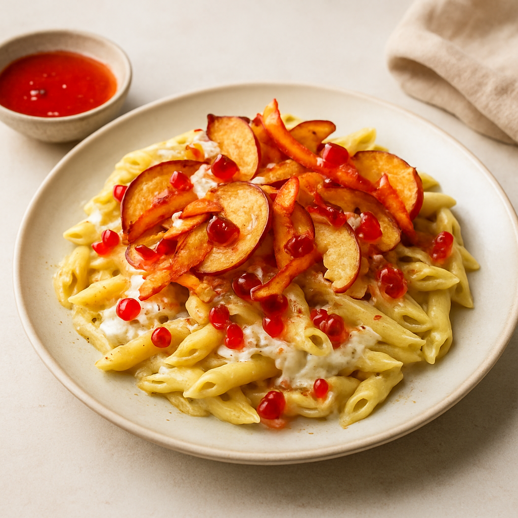 Za'atar Pasta with Whipped Labneh, Roasted Apple-Carrot Crisps, and Strawberry-Gummy Bear Gastrique