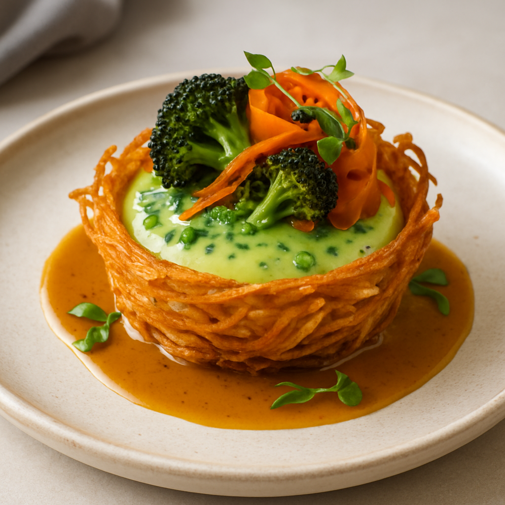 Crispy Potato Nest with Herb-Infused Egg Custard and Charred Vegetable Medley