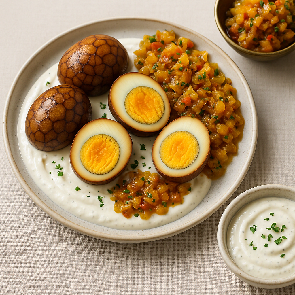 Masala Tzatziki Tea Eggs with Citrus Pickle Chutney