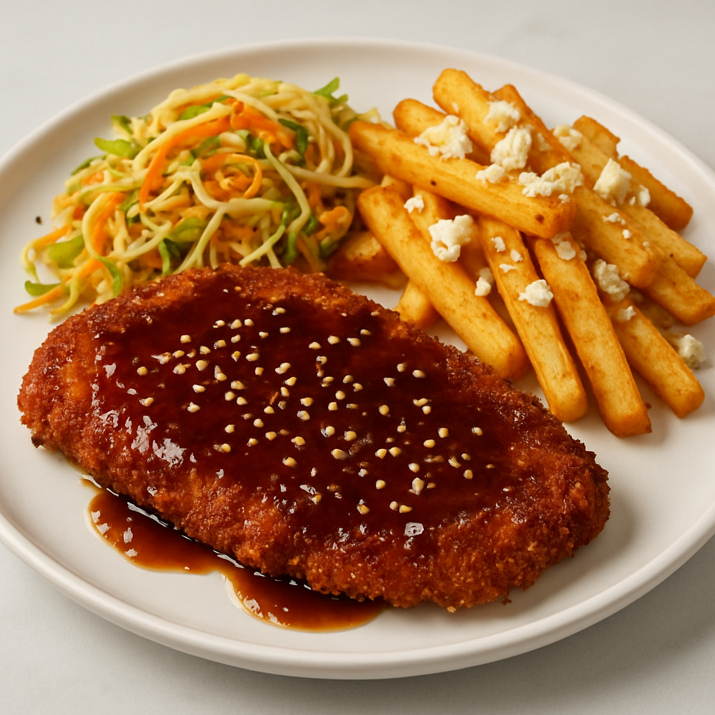 Teriyaki-Glazed Schnitzel with Crispy Feta Fries and Sesame Egg Noodle Slaw