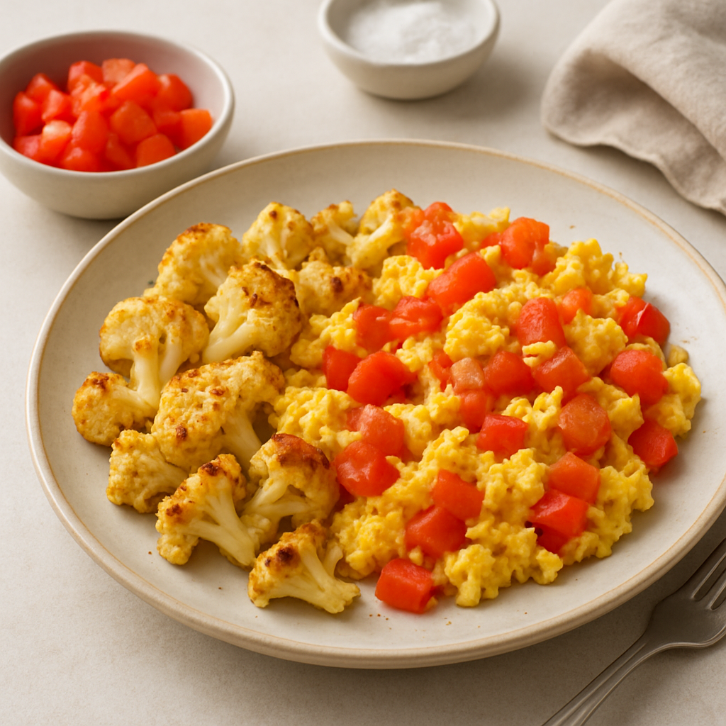 Simple Tomato and Egg Scramble with Roasted Cauliflower