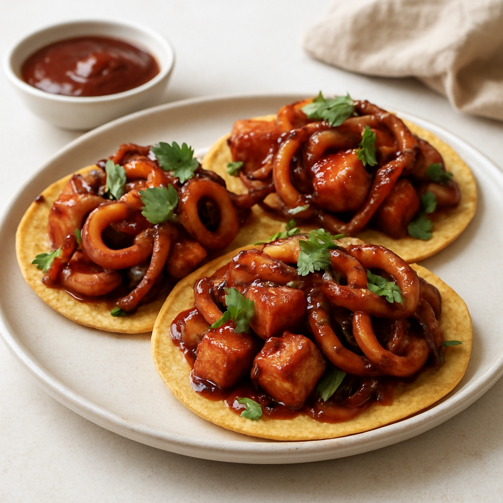 Crispy Tofu & Squid Tostadas with Gochujang-Chipotle Glaze