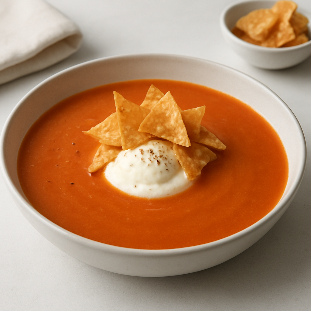 Umami Tomato Velouté with Crispy Tortilla Crisps and Cream Cheese Mousse