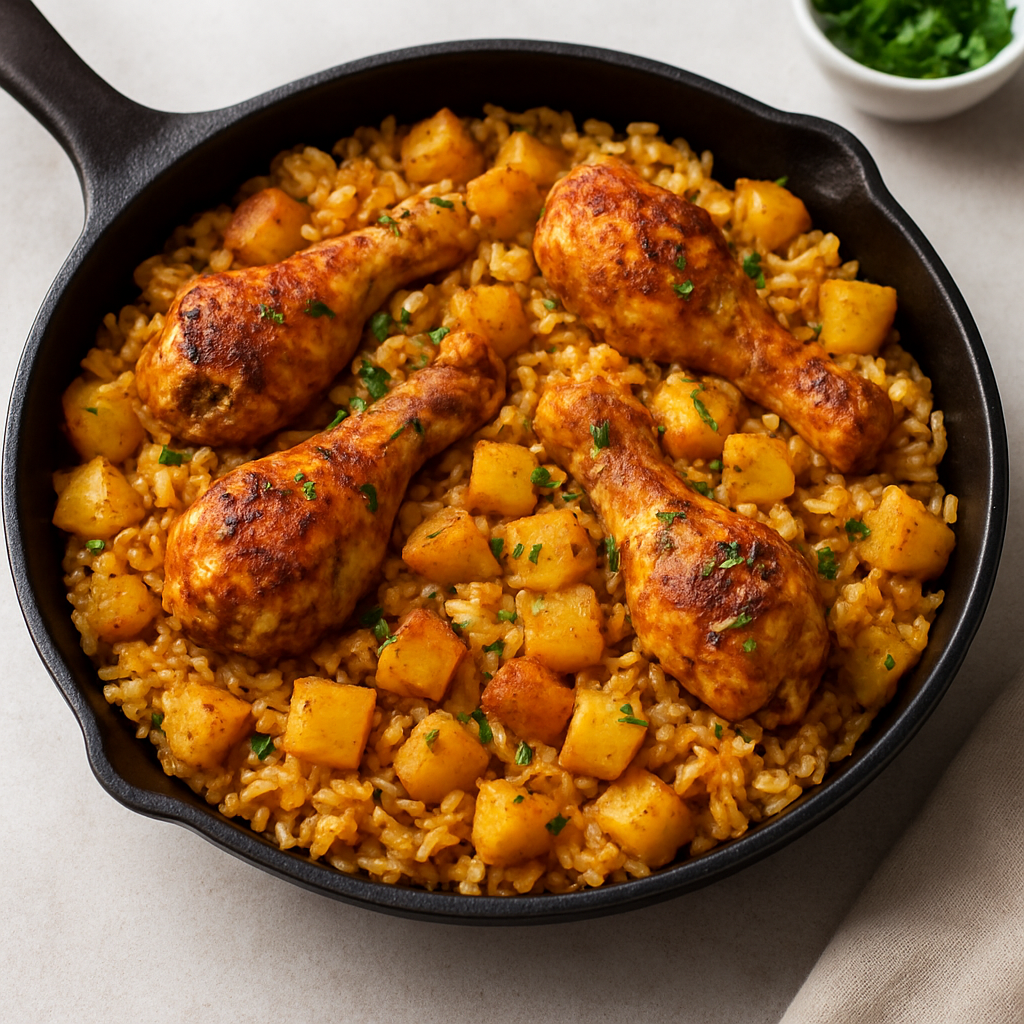 Fusion Spiced Drumstick Rice with Crispy Potatoes