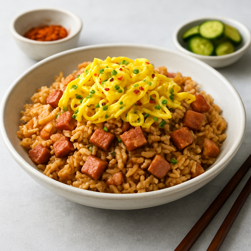 Umami Spam & Tuna Fried Rice with Sesame-Chive Egg Ribbons