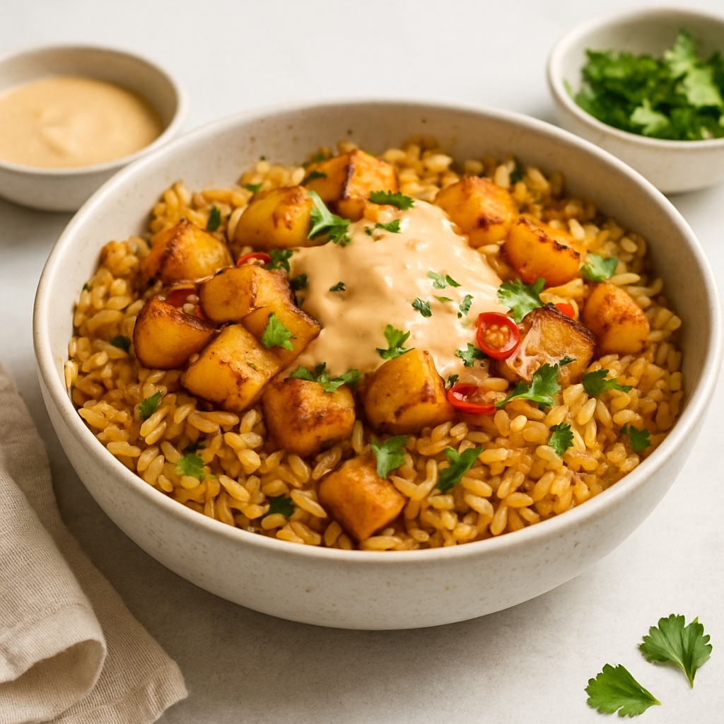 Spiced Potato & Rice Bowl with Tangy Garlic Sauce