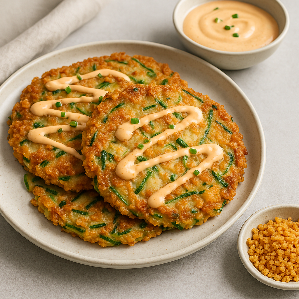 Wasabi Shrimp Cracker Crusted Korean Pancakes with Spicy Mayo