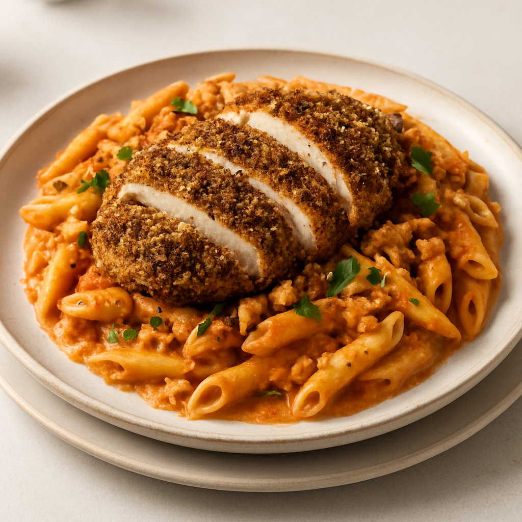 Zaatar-Crusted Chicken Penne with Tahini-Cream Sauce and Crispy Breadcrumb Topping