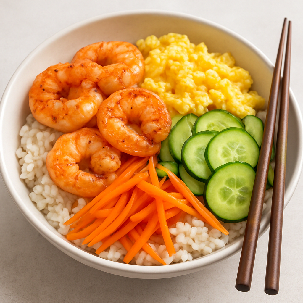 Korean Shrimp & Egg Rice Bowl with Fresh Veggies