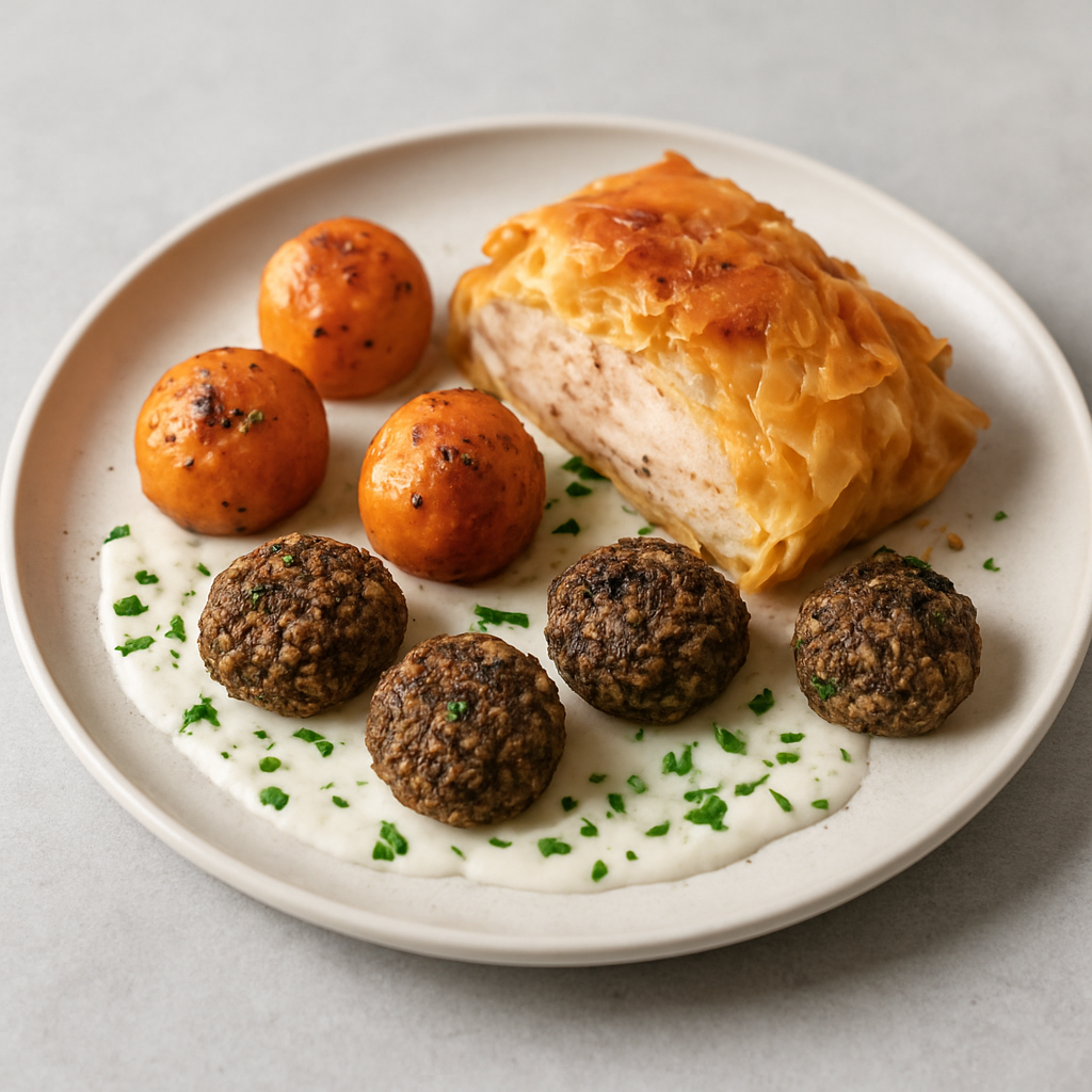 Crispy Phyllo-Wrapped Chicken with Charred Sweet Potato & Mushroom Keftedes and Pepper-Yogurt Reduction