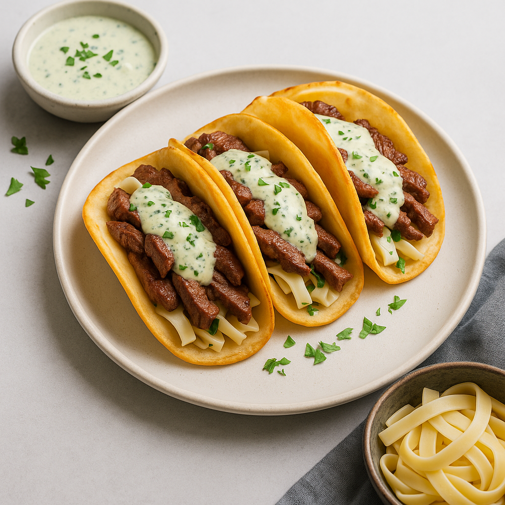 Carne Asada Pho Tacos with Garlic-Basil Crema