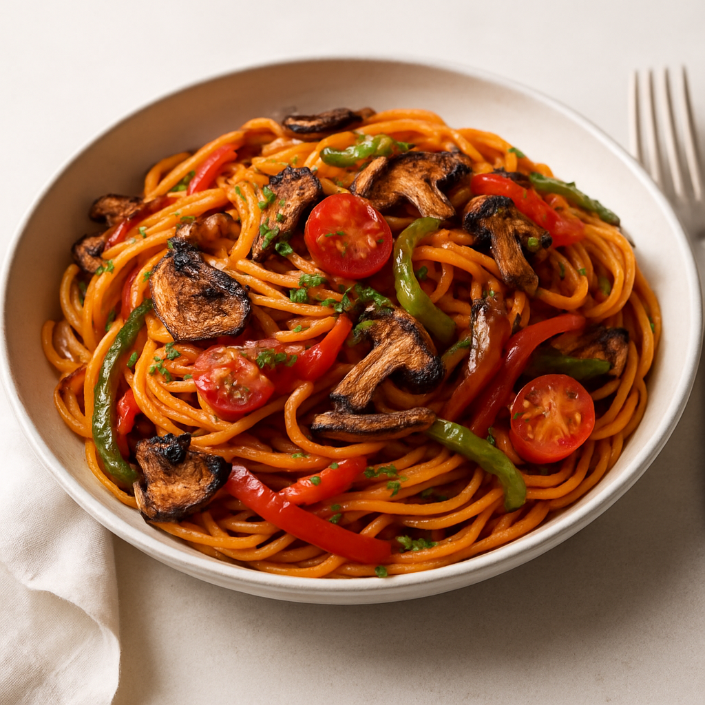 Gochujang-Chipotle Spaghetti with Charred Peppers and Crispy Mushrooms