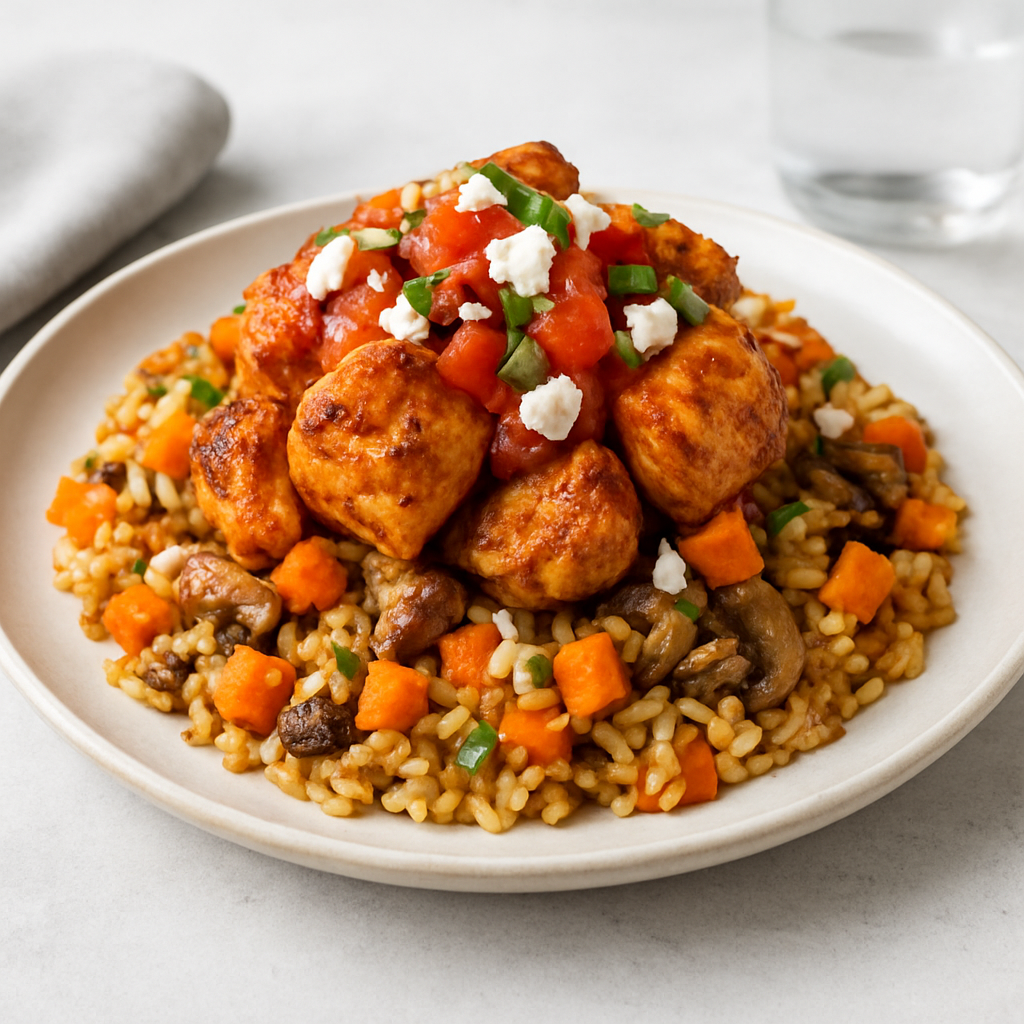 Ouzo-Infused Thai Chicken with Feta, Mushroom & Sweet Potato Rice