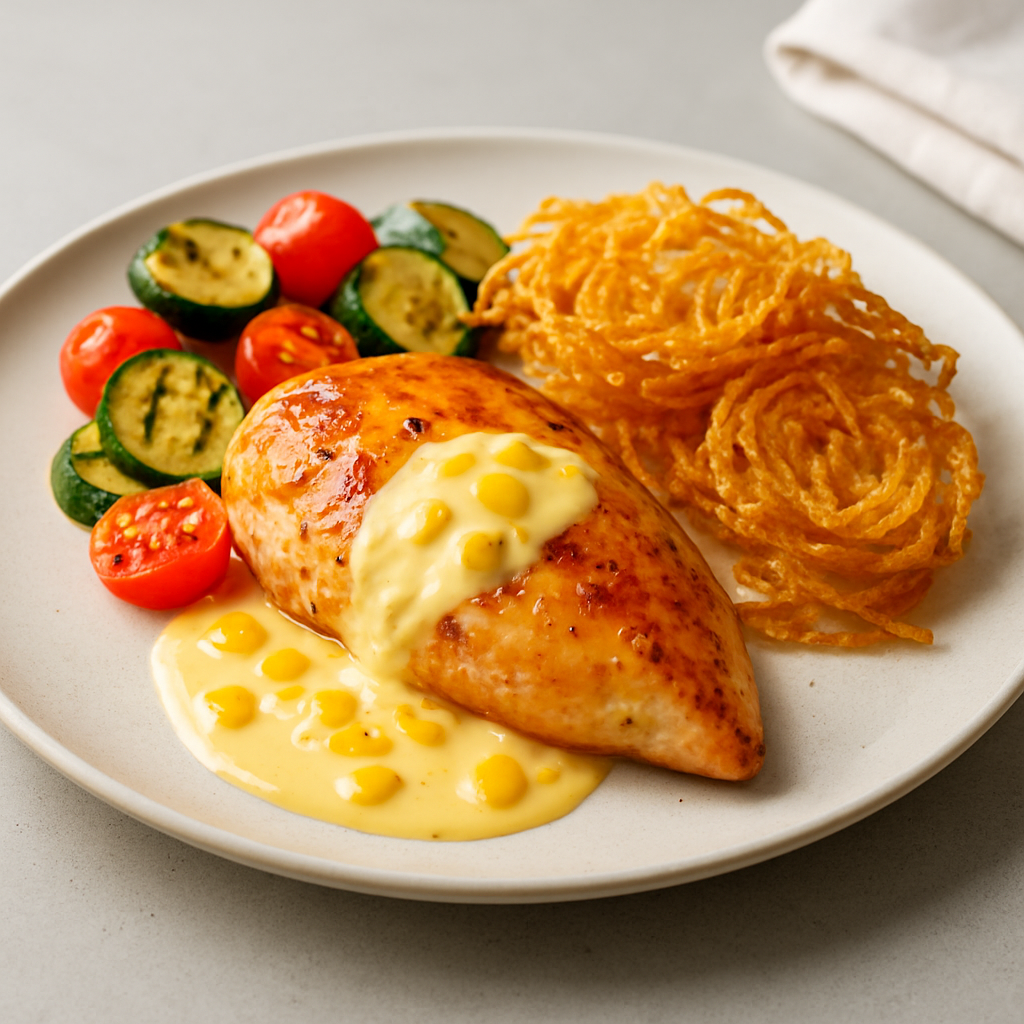 Honey-Glazed Halal Chicken with Mango-Yogurt Reduction and Crispy Potato Tuiles