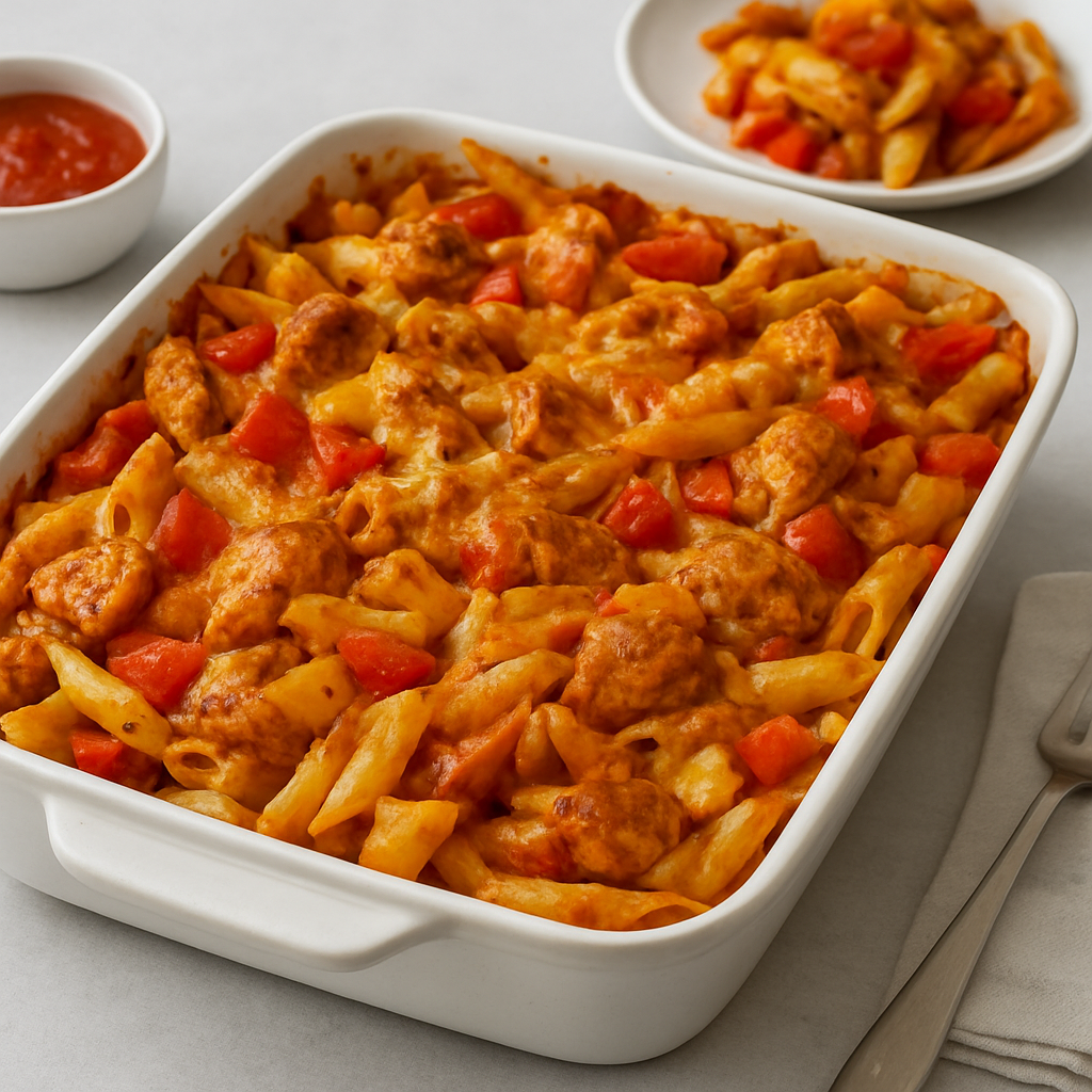 Mediterranean-American Stuffed Pepper & Pasta Bake with Middle Eastern Spiced Chicken