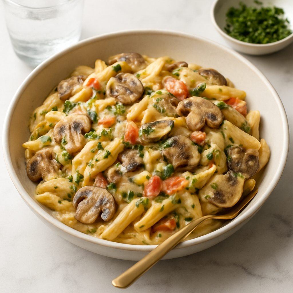 Creamy Penne alla Carbonara with Mushrooms and Vegetables