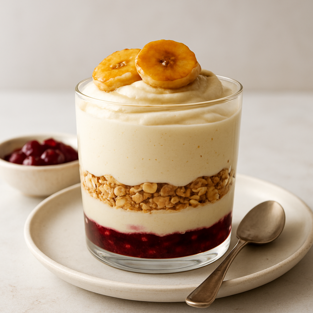 Skyr Parfait with Cranberry-Oat Crumble and Caramelized Banana Mousse