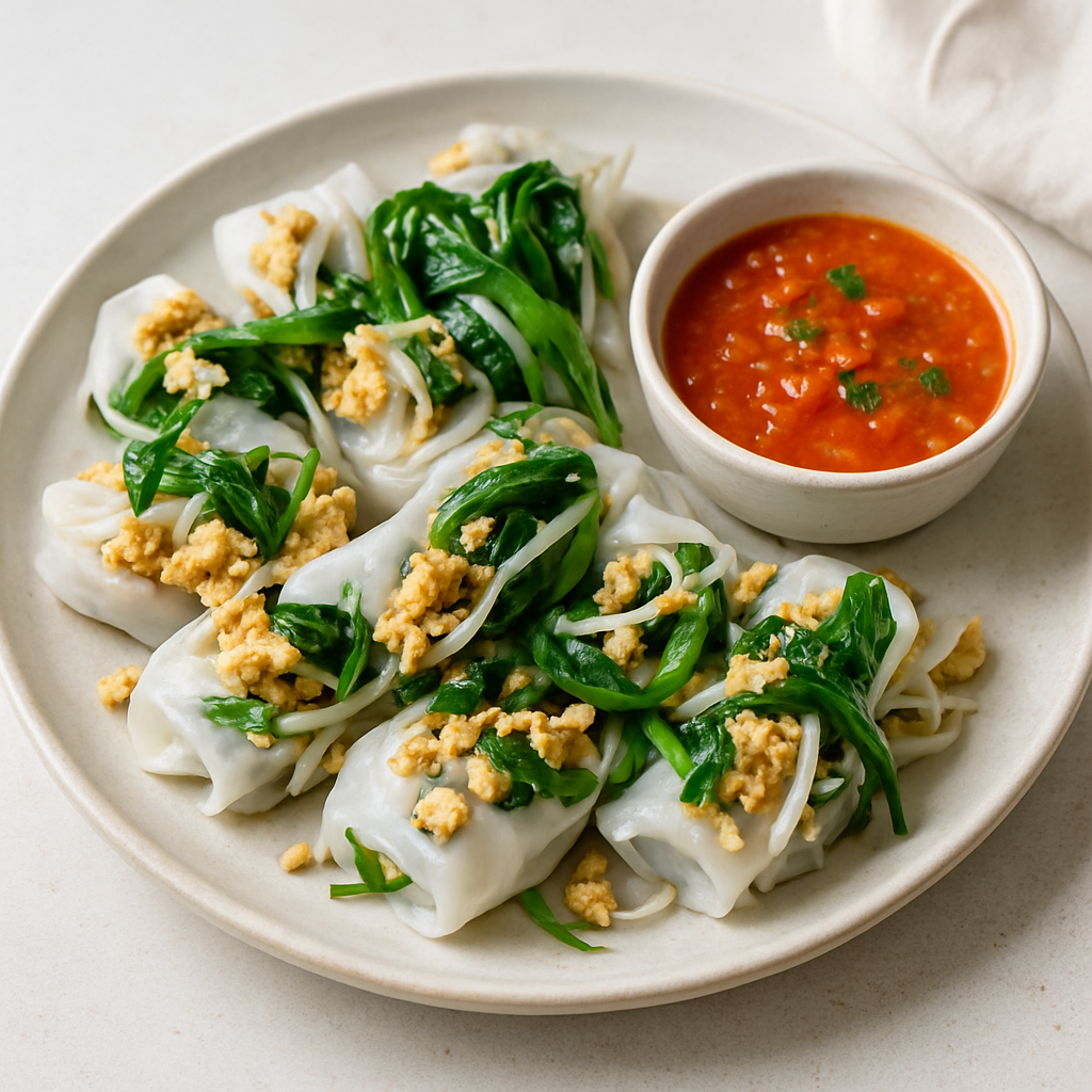 Vietnamese Tofu and Vegetable Bánh Cuốn with Tomato Sauce