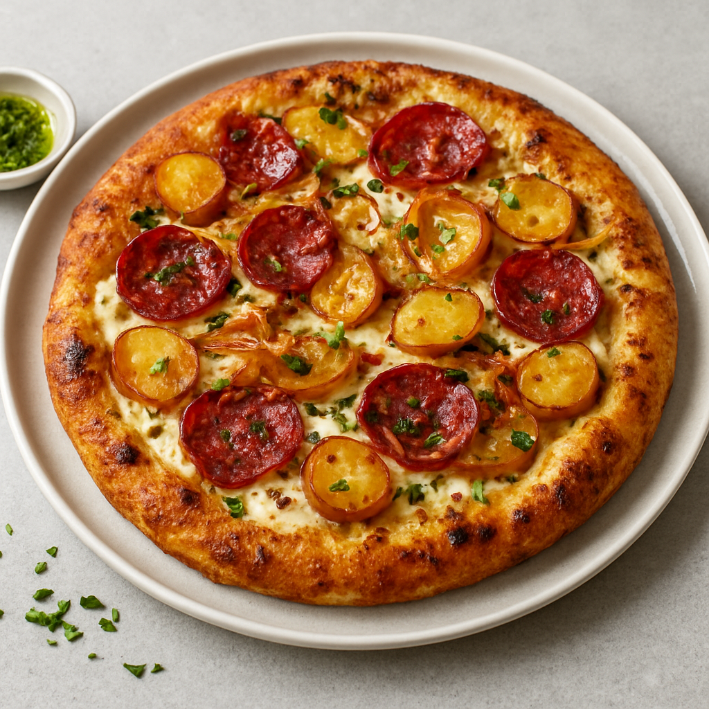 Golden Spiced Potato & Salami Bread Pizza with Thai-Mexican Fusion Crust