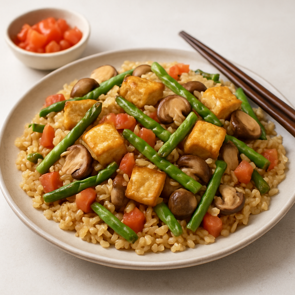 Vietnamese Stir-Fried Rice with Asparagus, Mushrooms, and Tofu