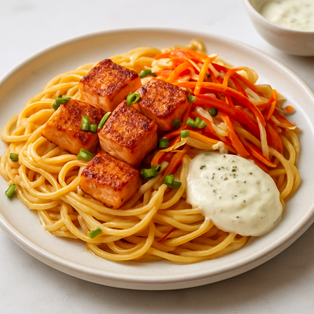 Pan-Asian Pasta Fusion with Miso-Infused Salmon and Pickled Vegetable Crunch