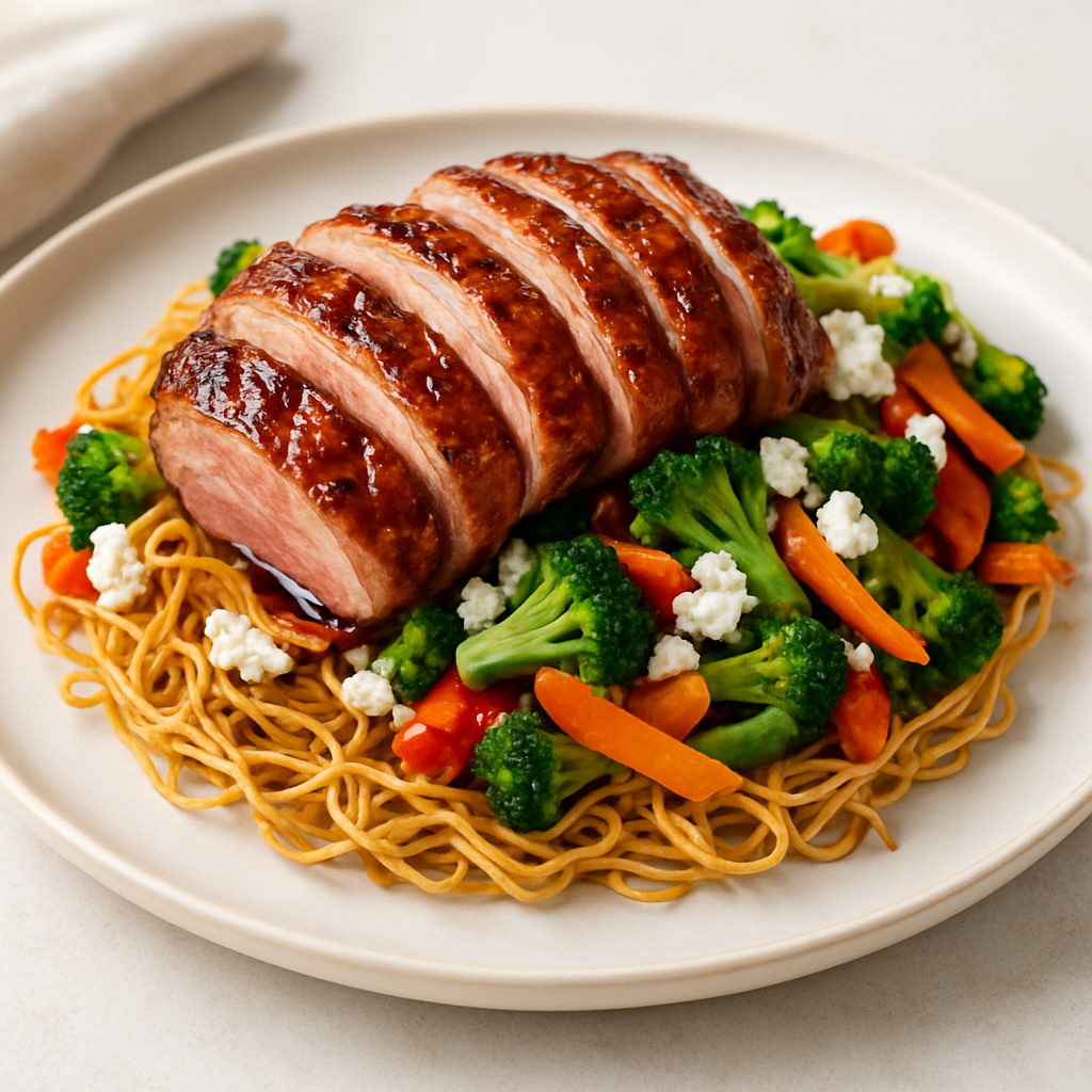 Teriyaki Duck Breast Crispy Noodle Nest with Wok Vegetables and Feta Crumble