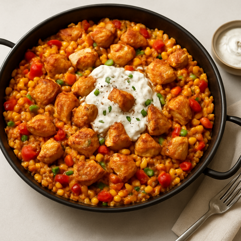 Mediterranean Mezze Paella with Crispy Chicken and Feta Cream
