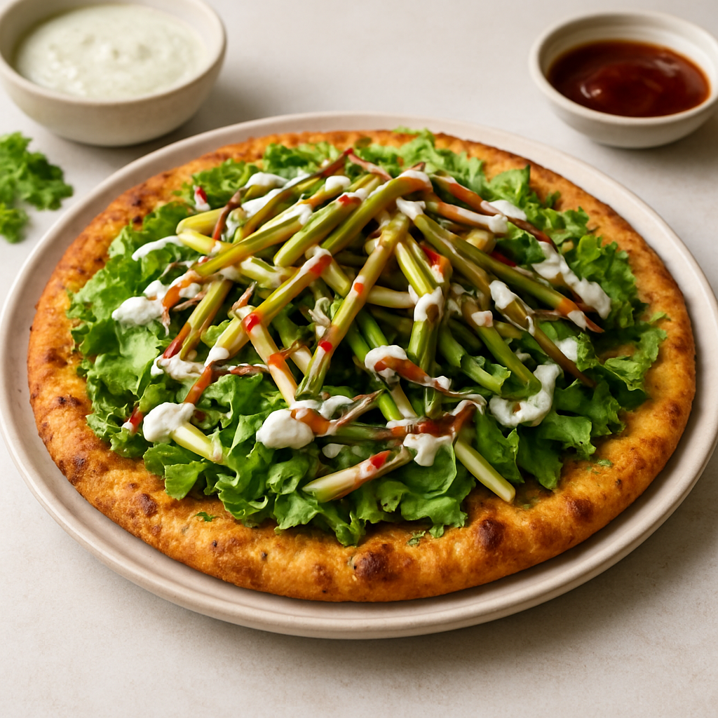 Mediterranean-Mexican Pizza Crisp with Cilantro-Lime Crema and Pickled Green Bean Slaw