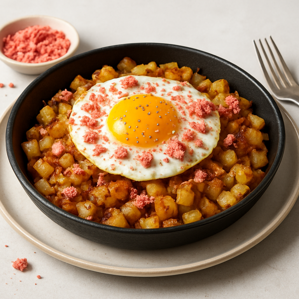 Crispy Macaron Potato Hash with Egg