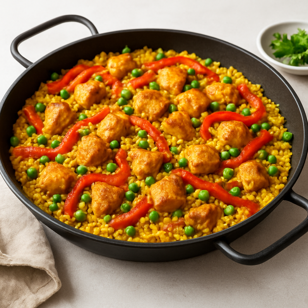 Paella Mediterranea con Pollo y Pimientos Picantes