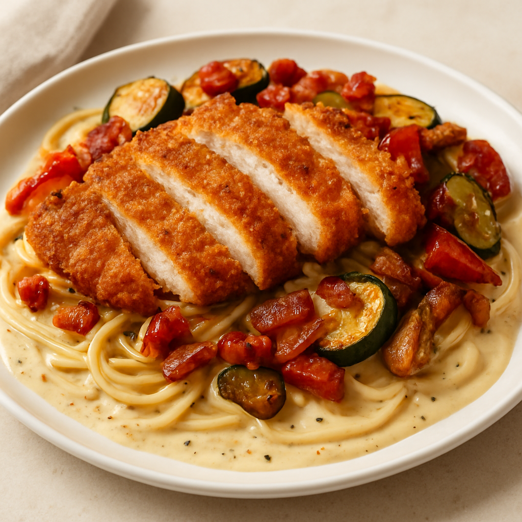 Umami-Fusion Crispy Chicken Pasta with Miso-Soy Béchamel and Provençal Vegetables