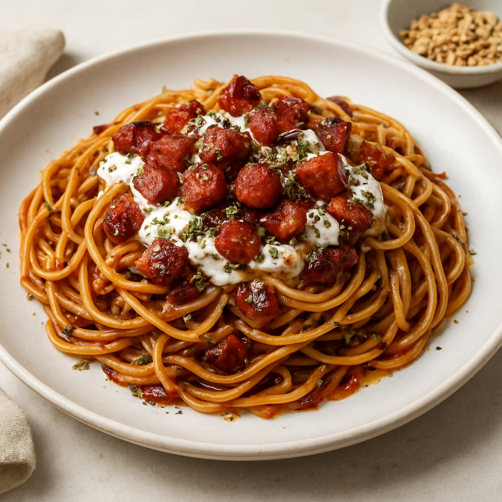 Umami Fusion Spaghetti with Spiced Ham & Berry-Chili Glaze