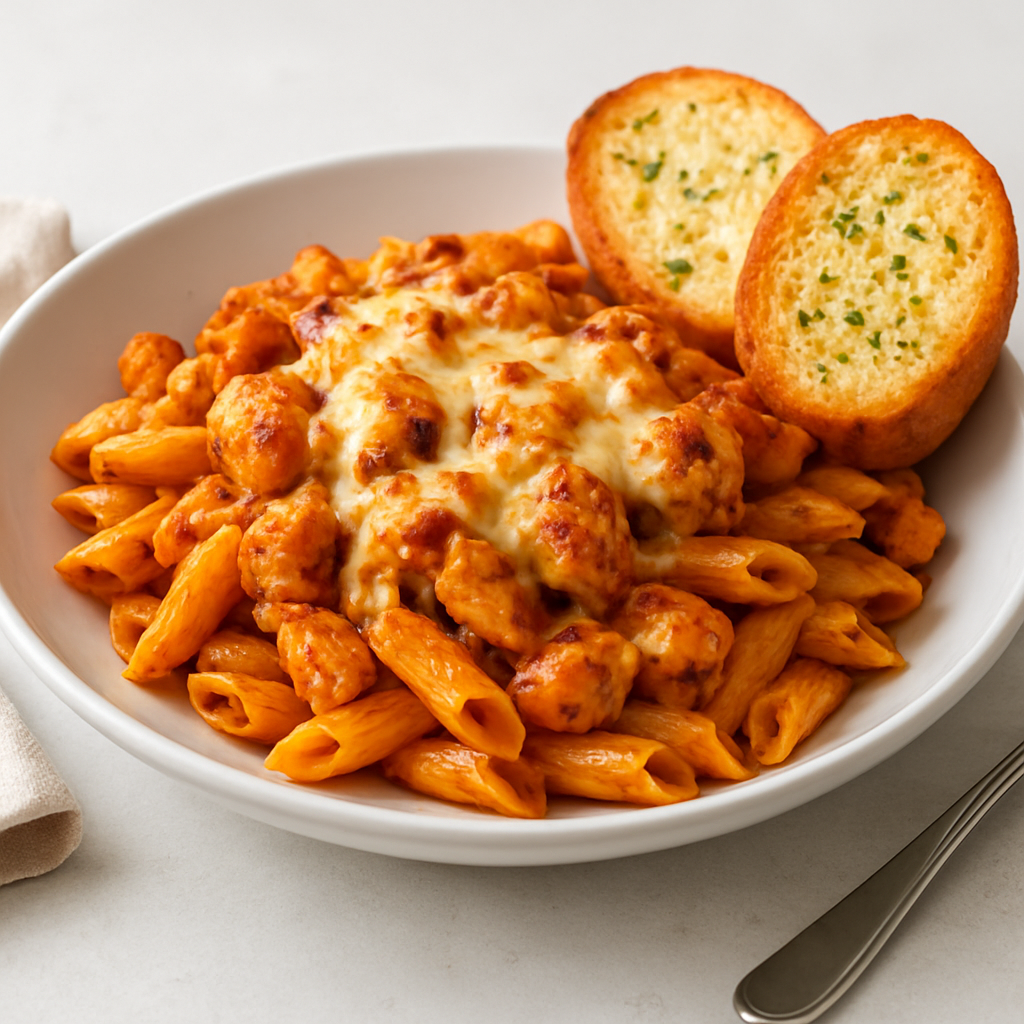 Crispy Cheese Chicken Pasta with Garlic Bread