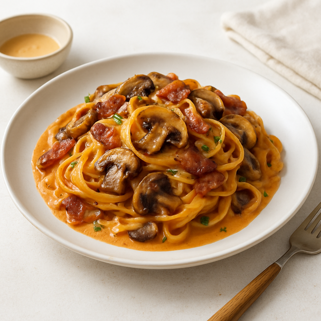 Crispy Bacon-Mushroom Pasta with Paprika-Infused Cream Sauce
