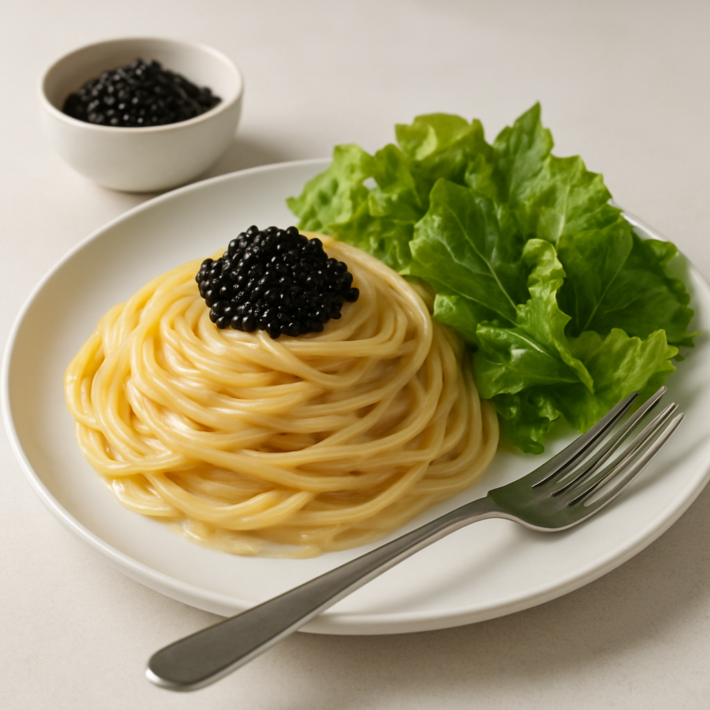 Caviar Miso Cream Pasta with Shiso-Lettuce Salad