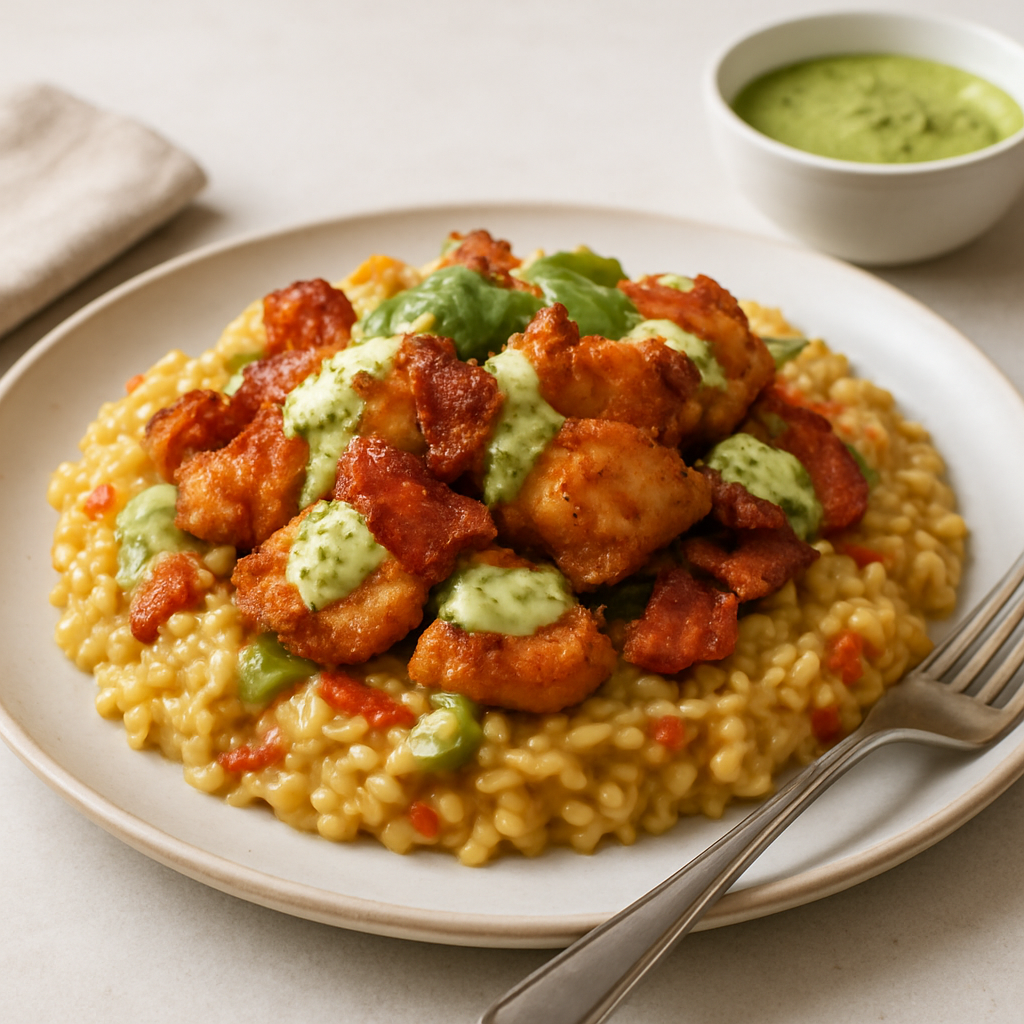 Crispy Bacon-Chicken Miso Risotto with Thai-Mexican Verde