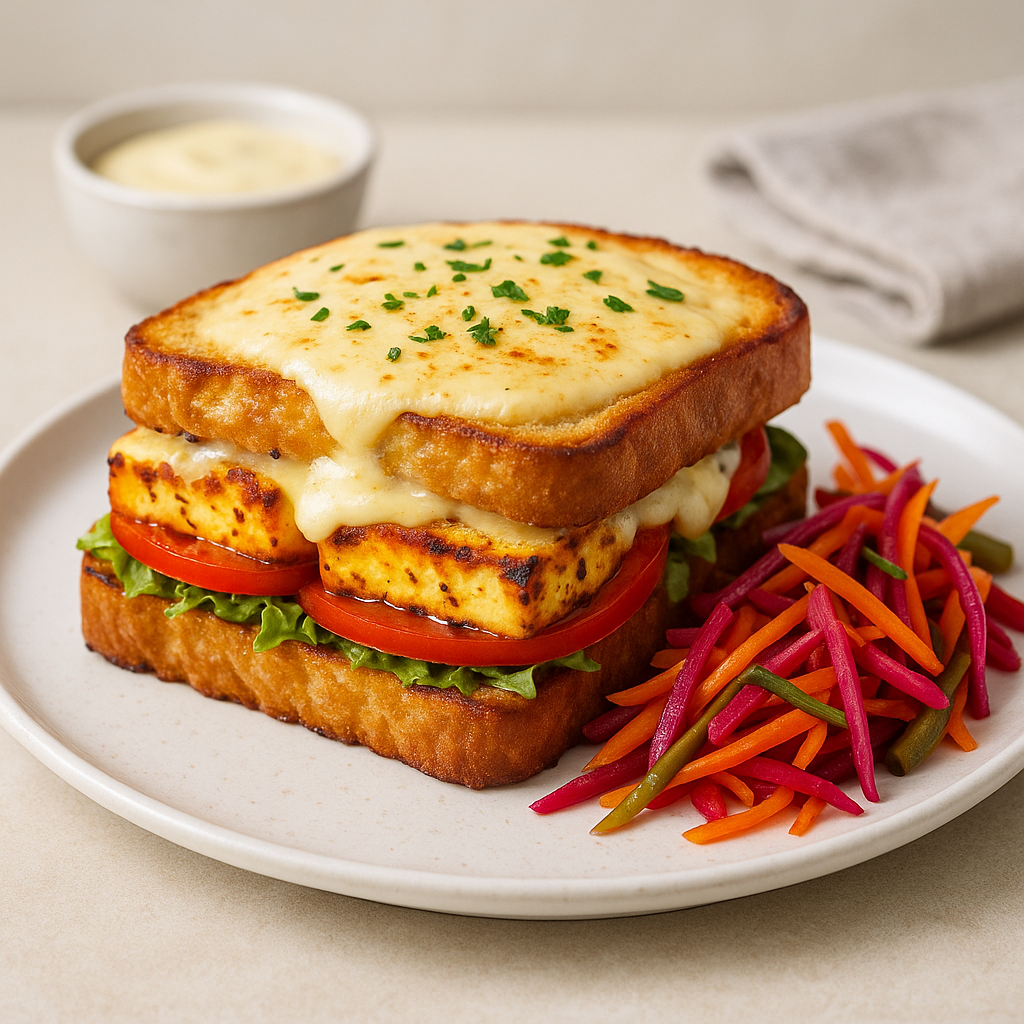 Paneer Tikka Croque Monsieur with Szechuan Pickled Vegetables
