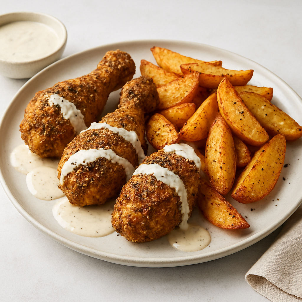 Za'atar Fried Chicken & Crispy Potato Wedges with Tahini-Ranch Drizzle